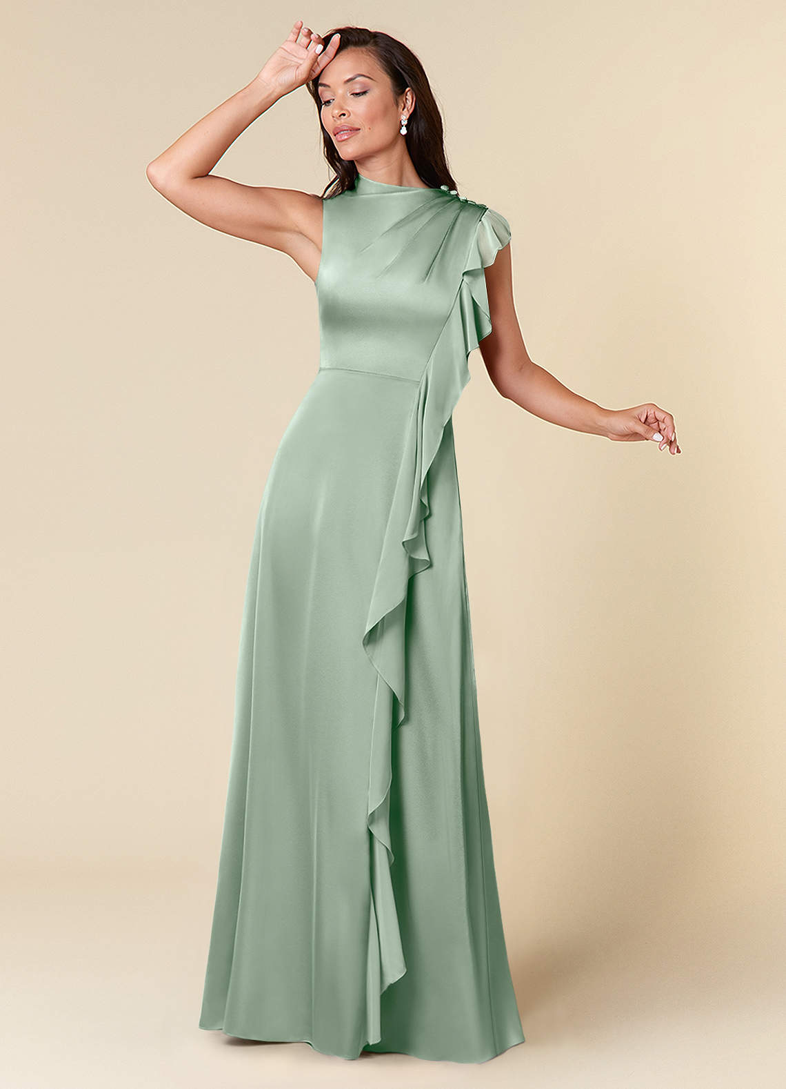 Azazie Narine Mother of the Bride Dresses Agave A-Line High Neckline Pleated Stretch Satin Dress image1