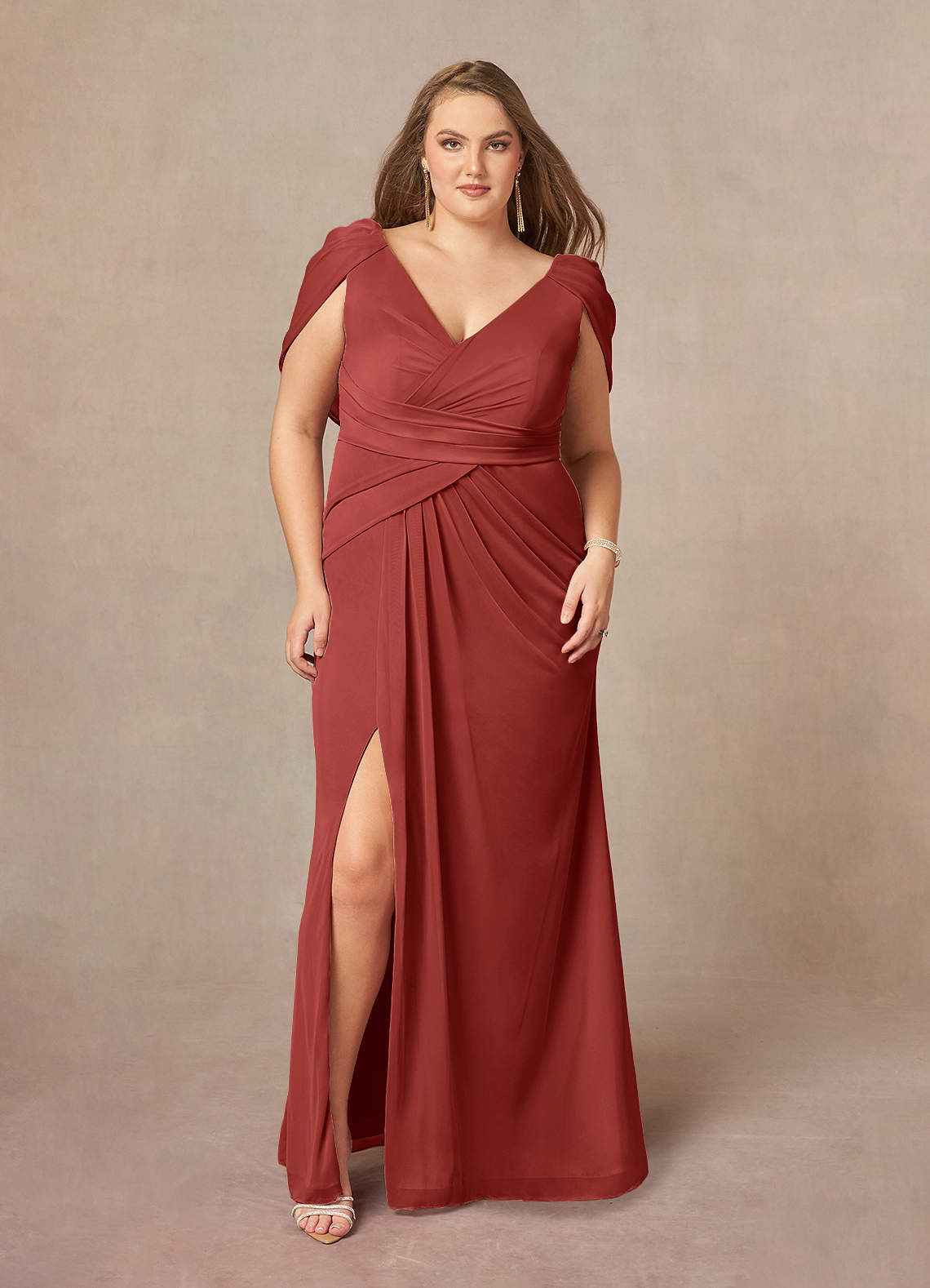 Azazie Luisa vestidos de madre de la novia Vestido de Terracota de Malla de Corte Sirena con Cuello en V Plisado image1