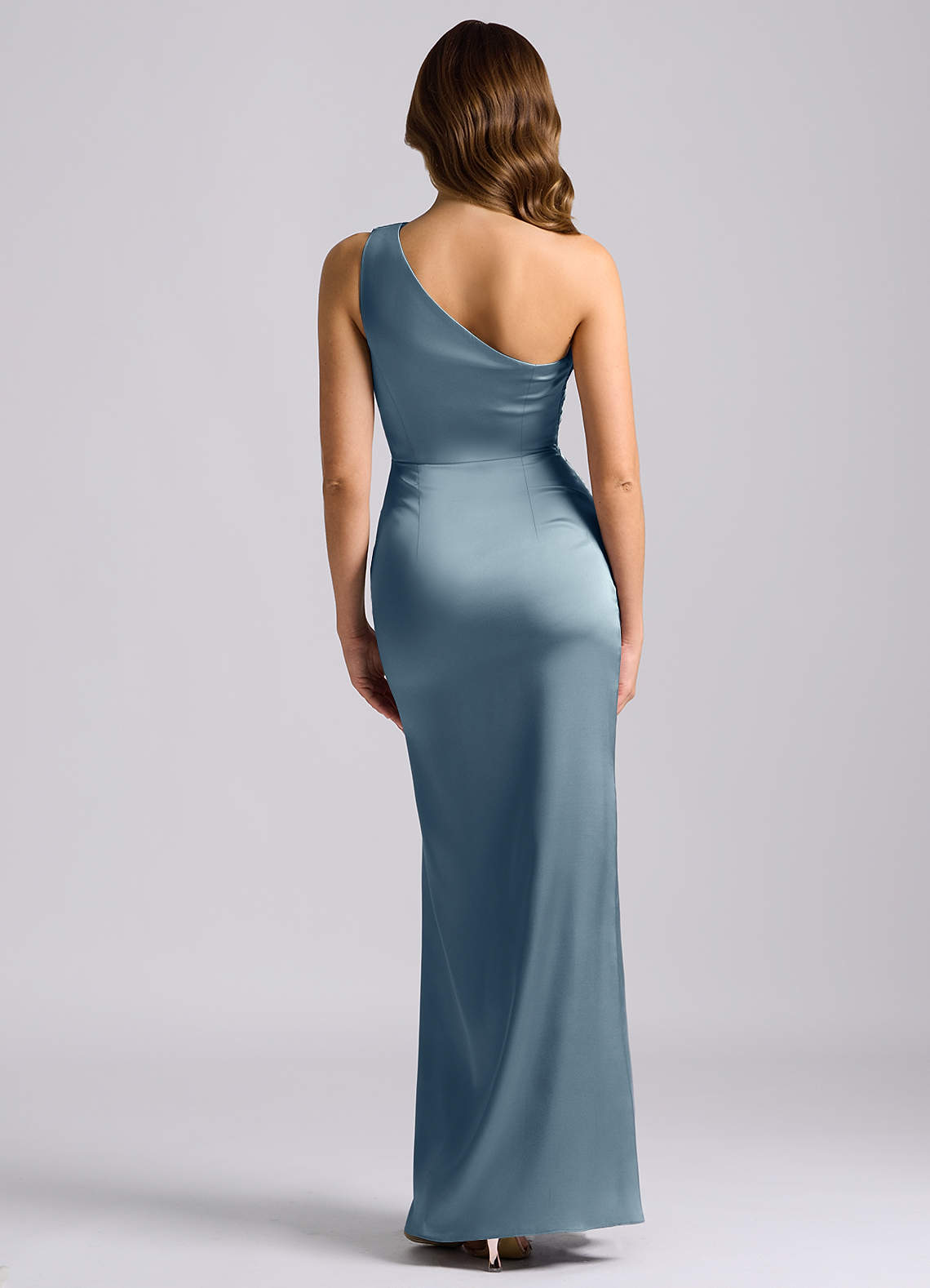 Azazie Akilah Bridesmaid Dresses Dusty Blue Mermaid One Shoulder Stretch Satin Dress image1