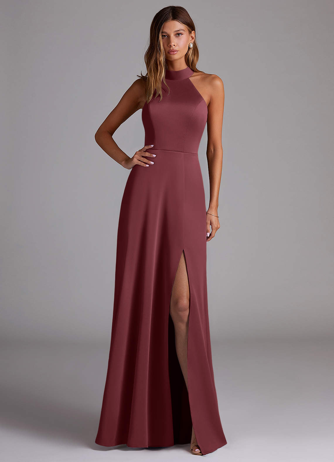 Azazie Myra Bridesmaid Dresses Merlot A-Line Side Slit Stretch Satin Dress image1