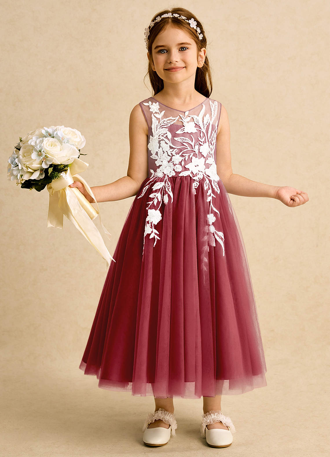 Azazie Sundae Flower Girl Dresses Pomegranate Ball-Gown Lace Dress image1