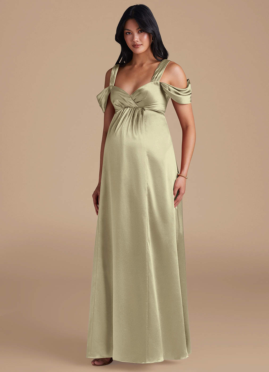 Azazie Rhea Brautjungfernkleider für Schwangere A-Linie Plissee Metallischer Satin Bodenlänge Kleid image1