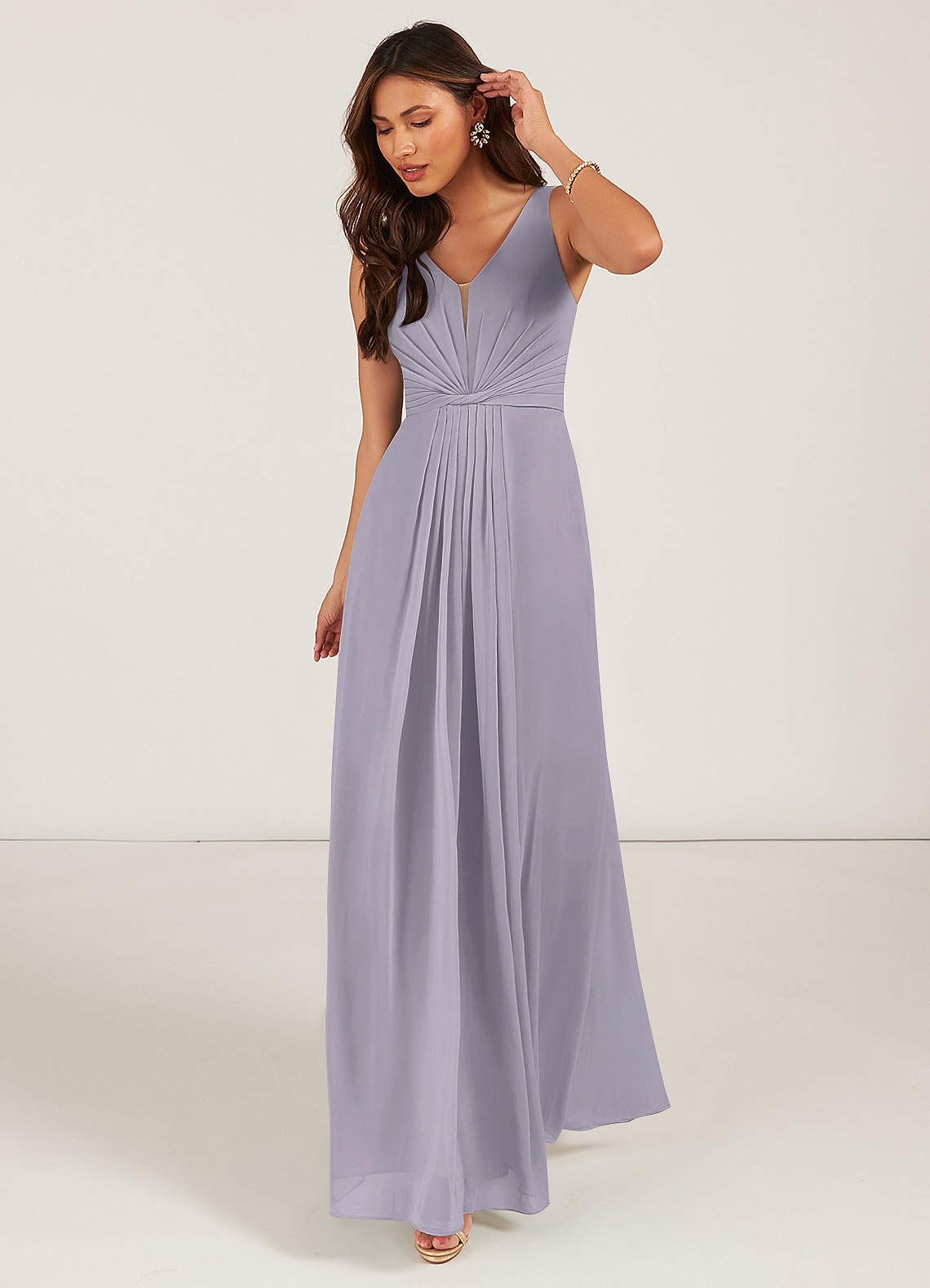 Azazie Gina Brautjungfernkleider A-Linie V-Hals Gefaltet Chiffon Kleid Nebel image1