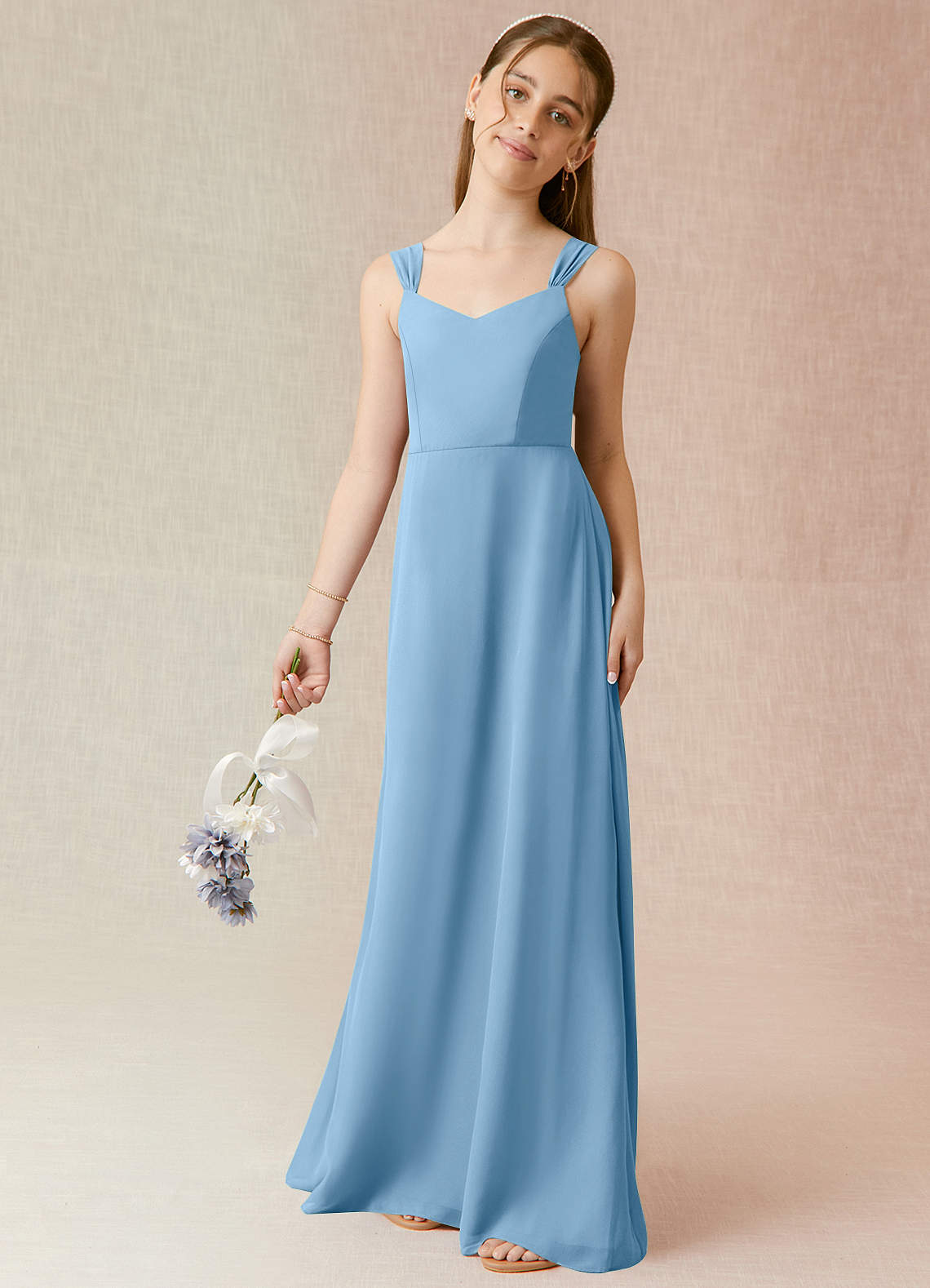 Azazie Denice Junior Steel Blue A-Line Chiffon Dress image1
