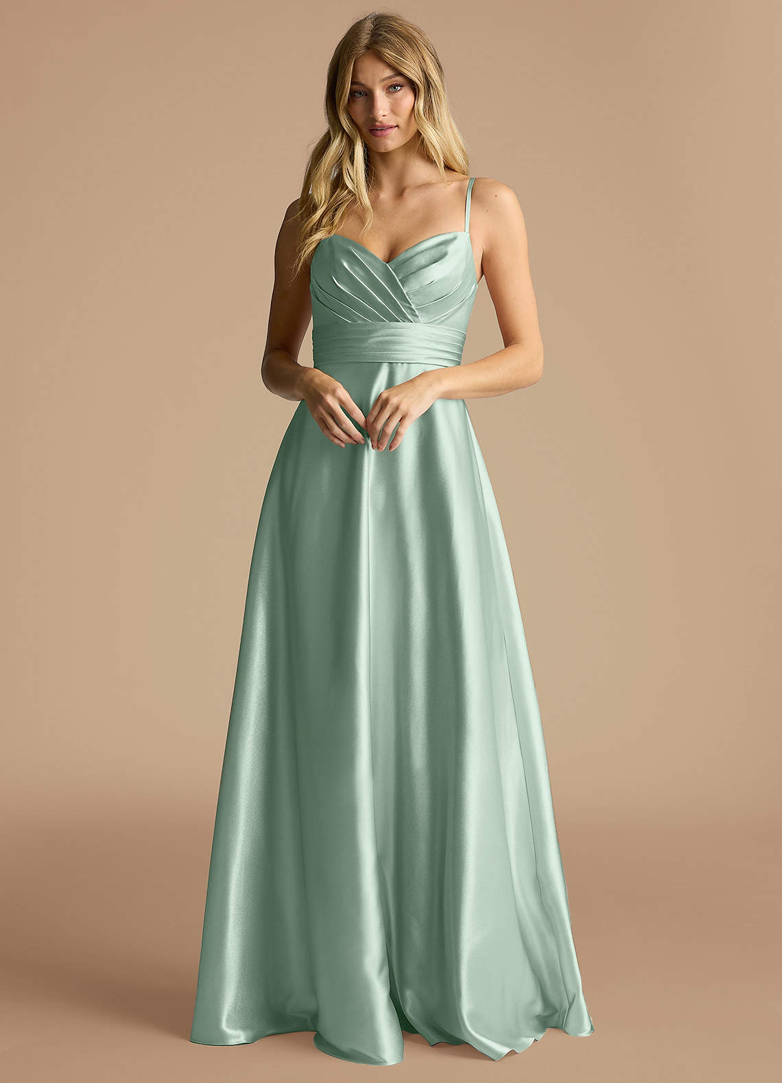 Azazie Oliana Bridesmaid Dresses Agave A-Line Pleated Metallic Satin Dress image1