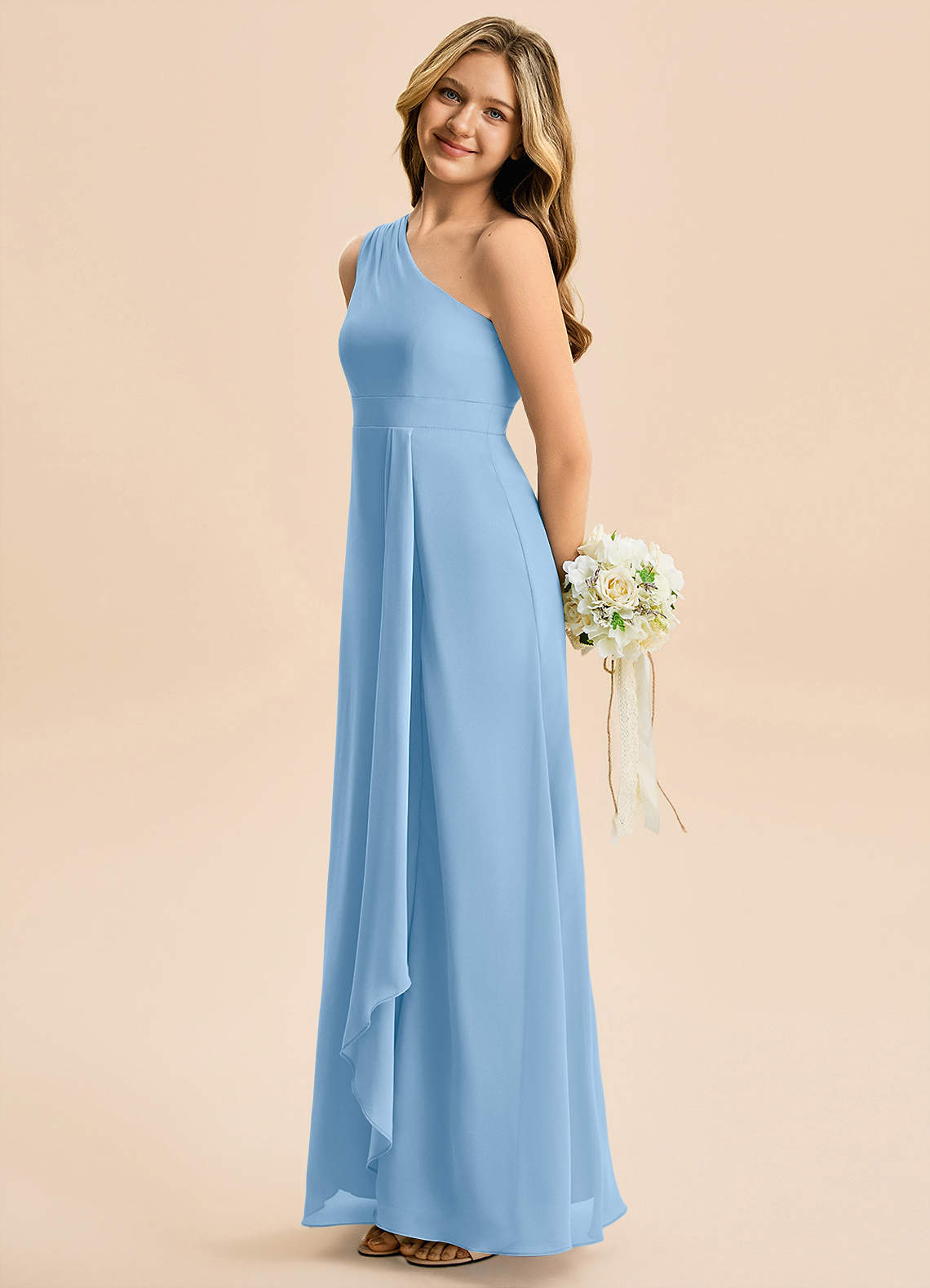 Azazie Delilah Junior Powder Blue A-Line Ruched Chiffon Dress image2
