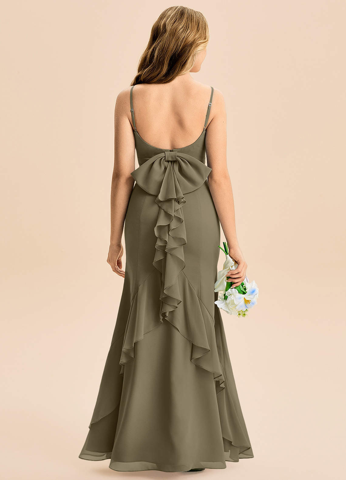 Azazie Lioren Junior Willow Green Mermaid Bow Chiffon Dress image4