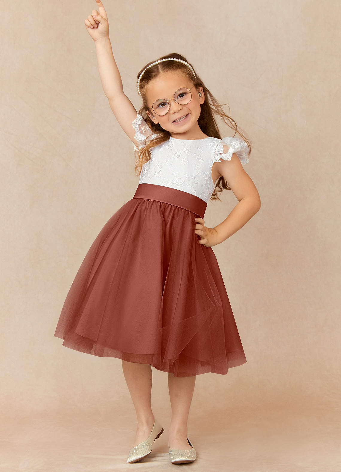 Azazie Vetty Flower Girl Dresses Ivory Auburn A-Line Lace Tulle Dress image1
