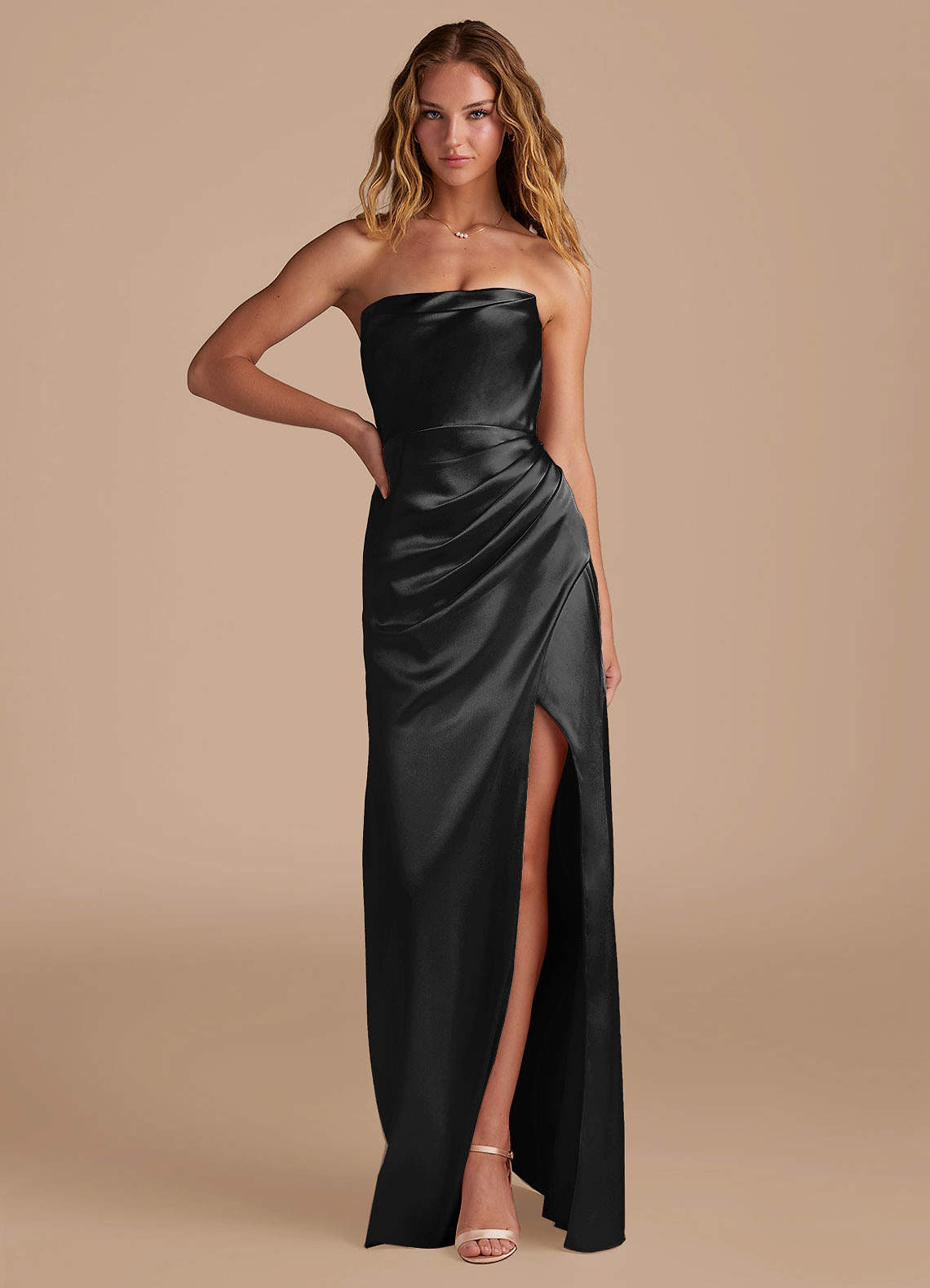 Azazie Leonis Bridesmaid Dresses Black Mermaid Pleated Metallic Satin Convertible Dress image1