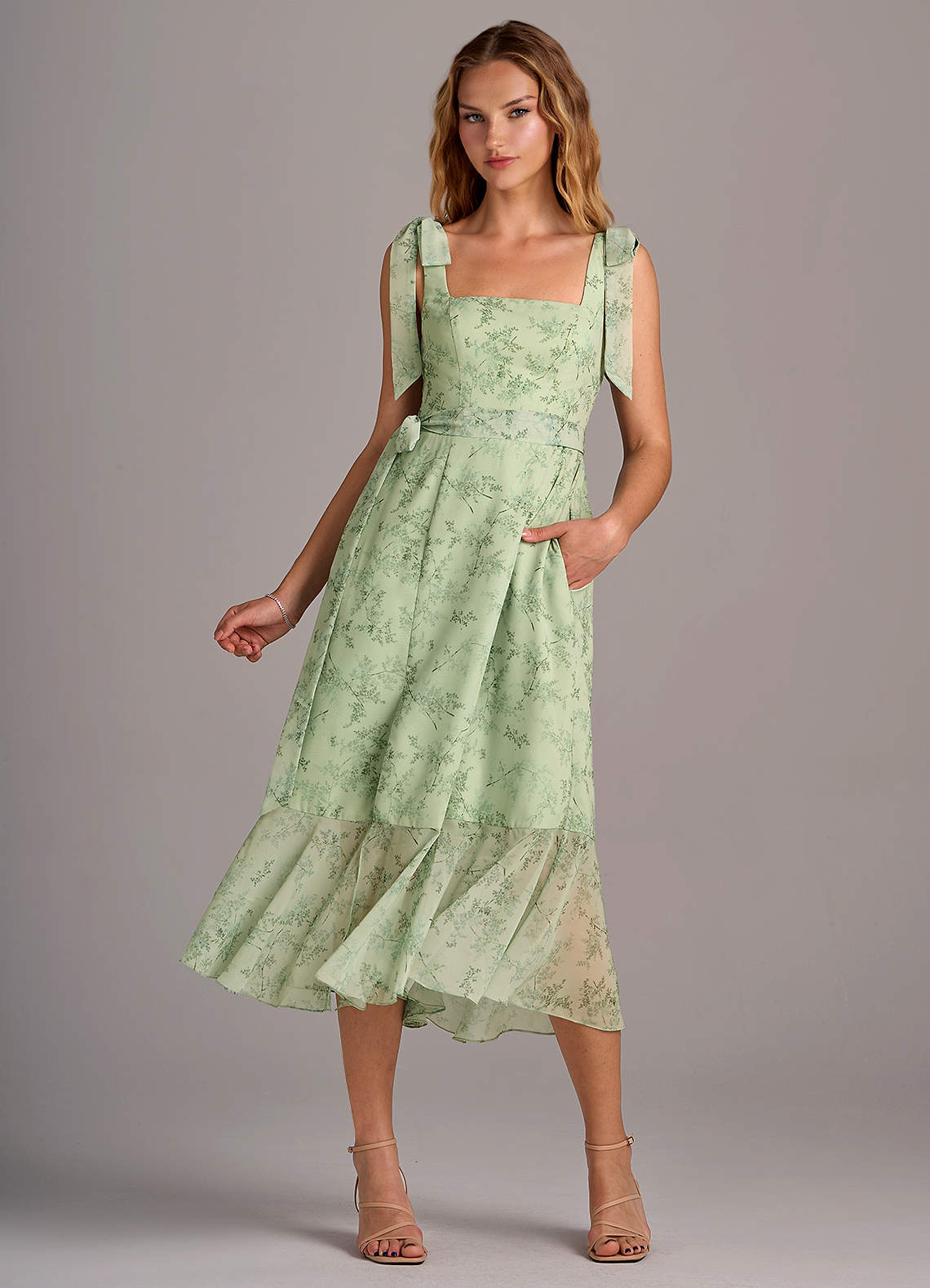 Azazie Deb Bridesmaid Dresses Green Fern Floral A-Line with Pockets Chiffon Convertible Dress image1