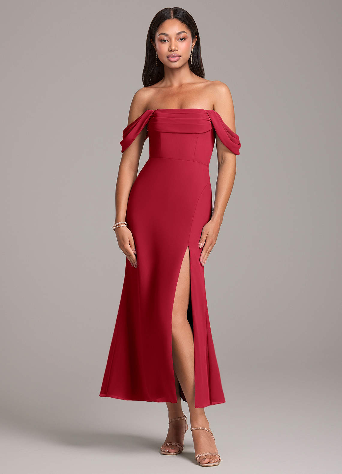 Azazie Saige Bridesmaid Dresses Scarlet Sheath Off the Shoulder Chiffon Convertible Dress image1