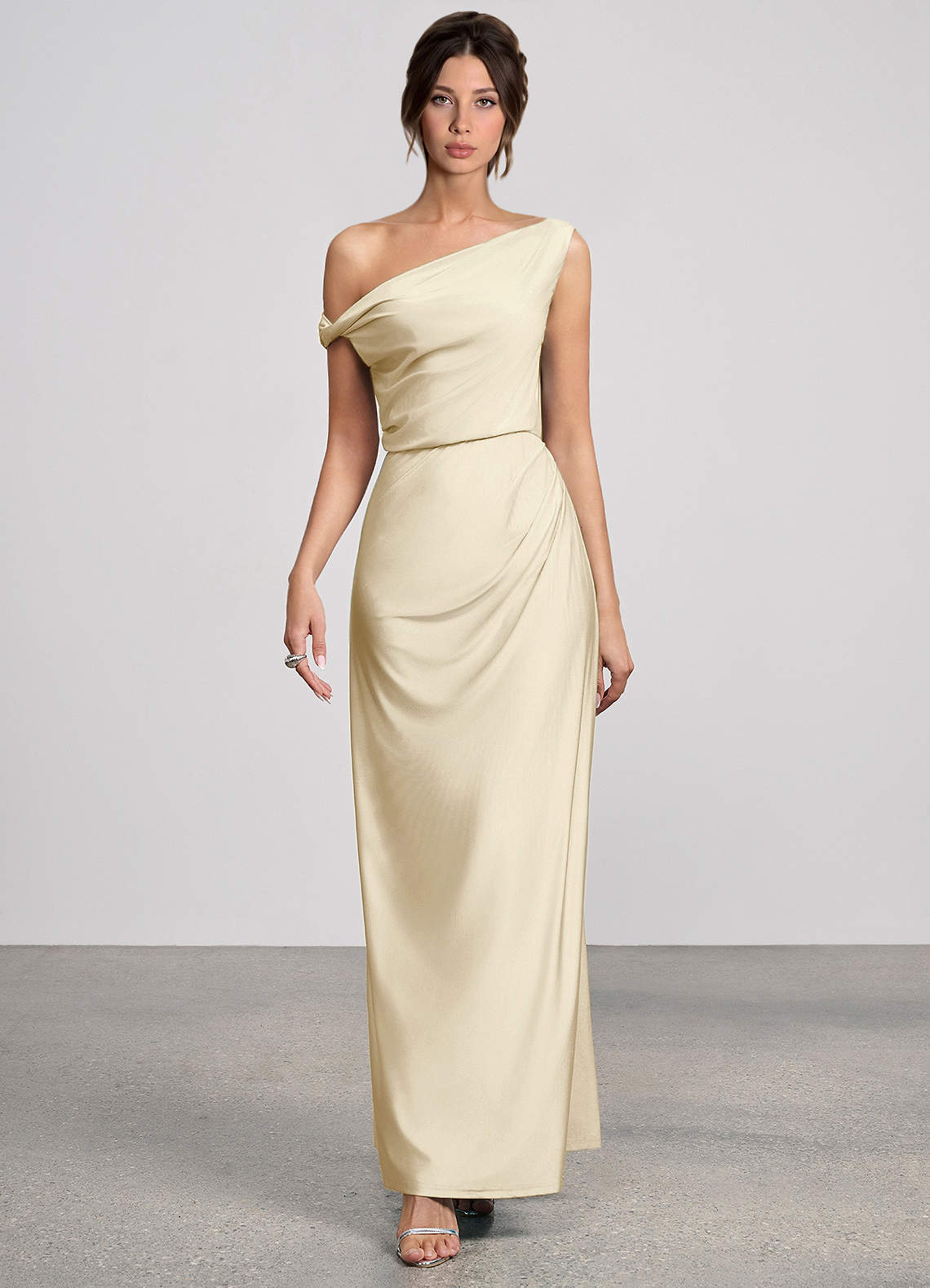 Elowen Champagne Stretch Knit Maxi Dress | Azazie
