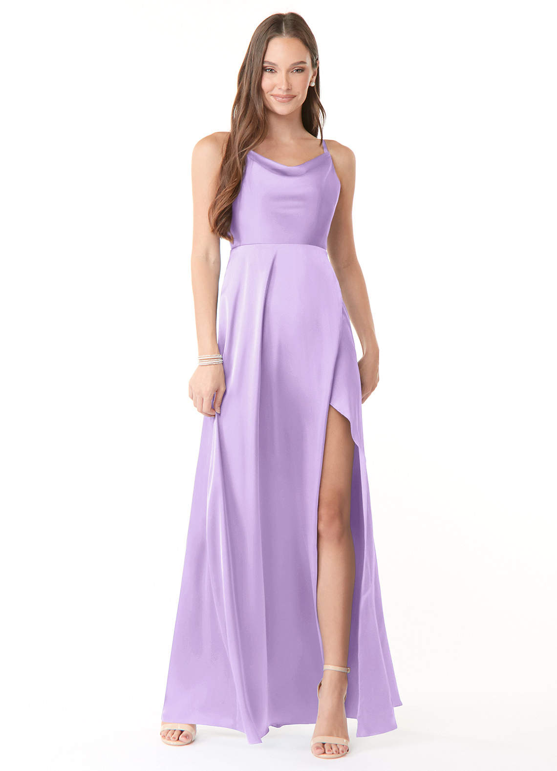 Azazie Naomie Jurken voor bruidsmeisjes Jurk van Stretch Satijn met A-Lijn Cowl halslijn zijsplit Lila image1
