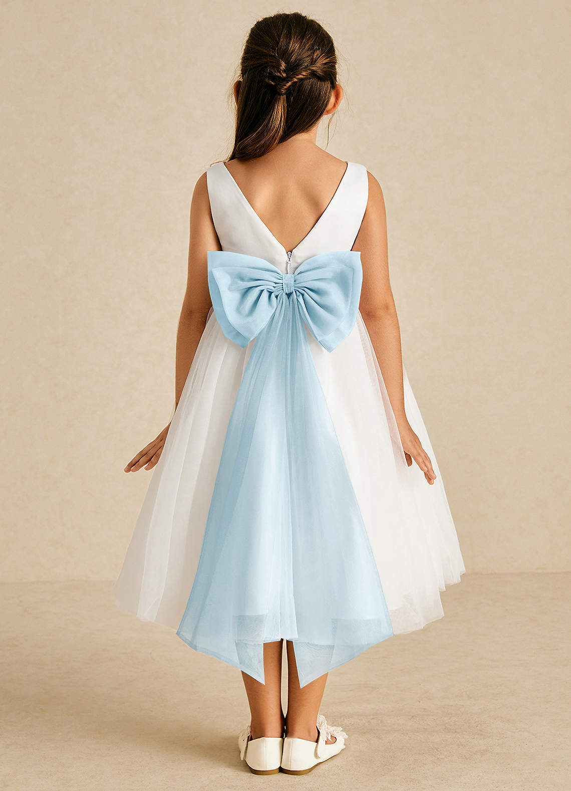 Azazie Kavi Flower Girl Dresses Ivory Sky Blue A-Line Bow Matte Satin Dress image1