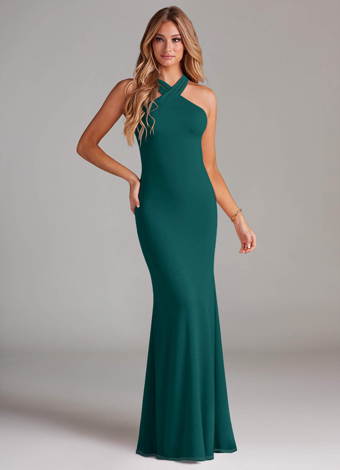 Azazie Doretta Abiti da Damigella Abito Sirena in Chiffon Plissettato Verde Pavone image1