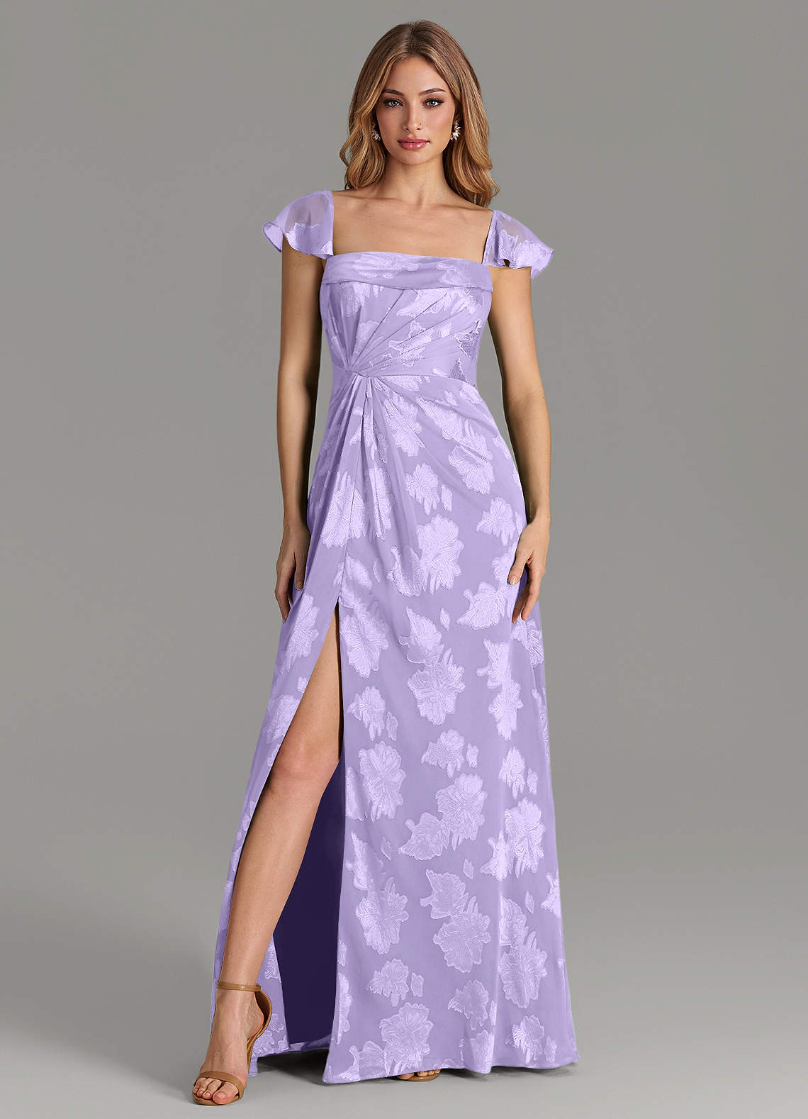 Azazie A-Line Square Neck Floor-Length Floral Jacquard Burnout Bridesmaid Dresses