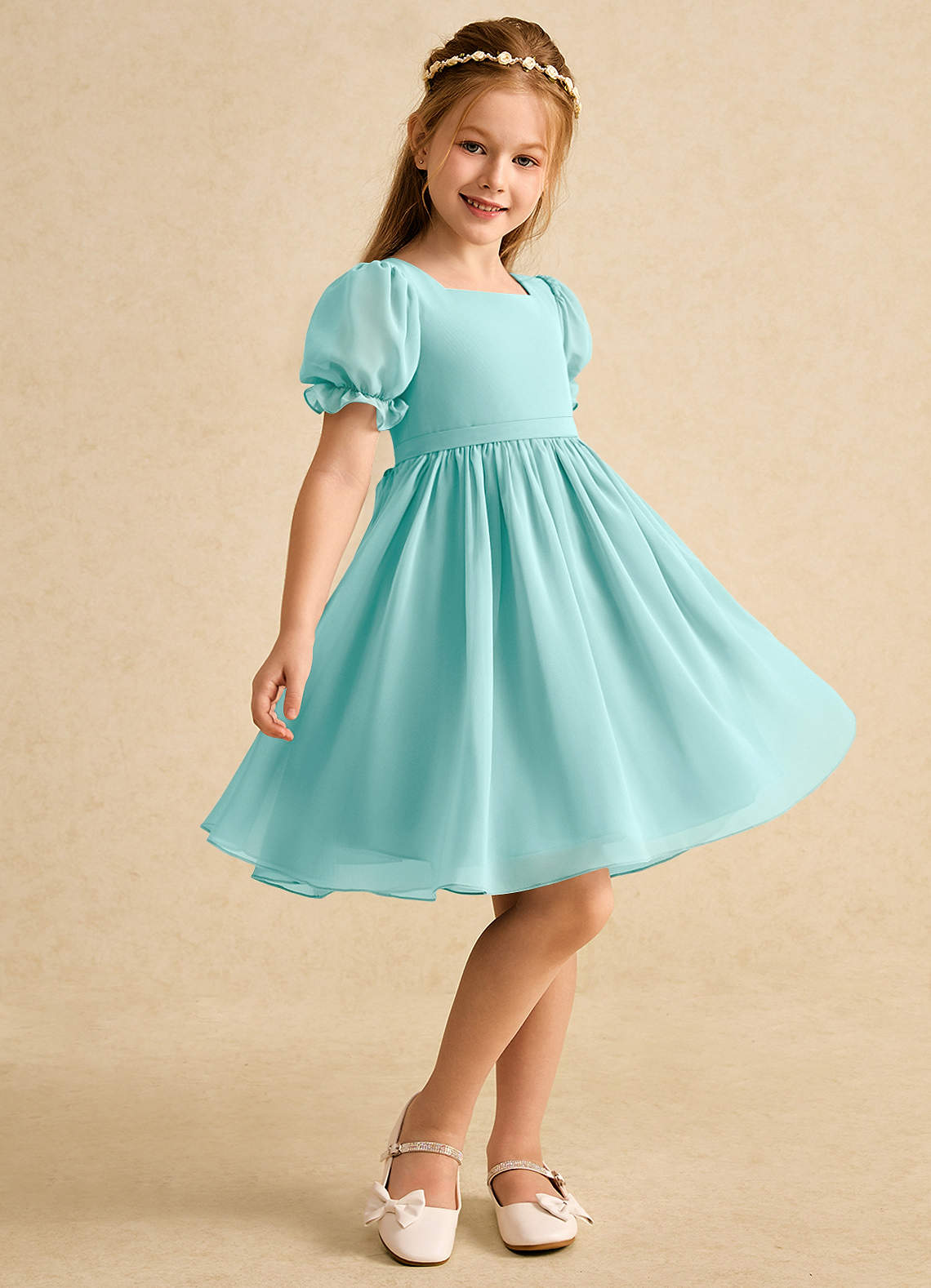 Azazie Jolie Flower Girl Dresses Aqua A-Line with Sleeves Chiffon Dress image1