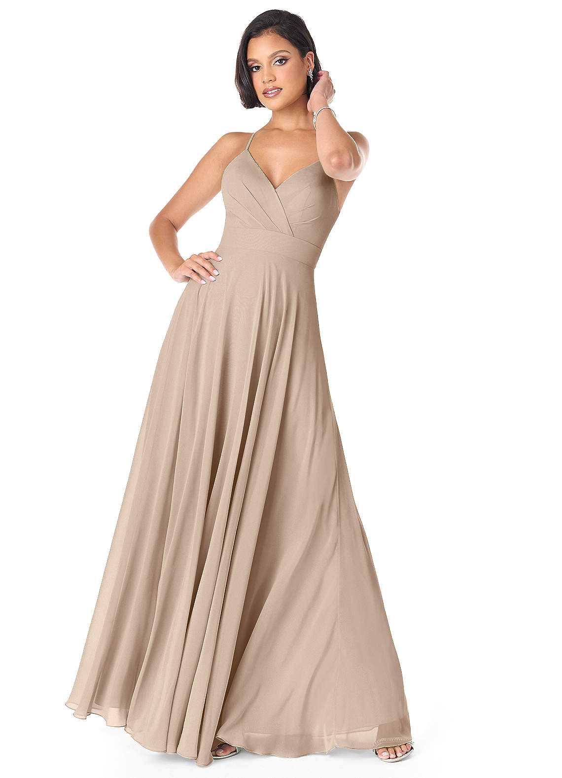Azazie Avelina Bridesmaid Dresses Taupe A-Line V-Neck Pleated Chiffon Dress image1