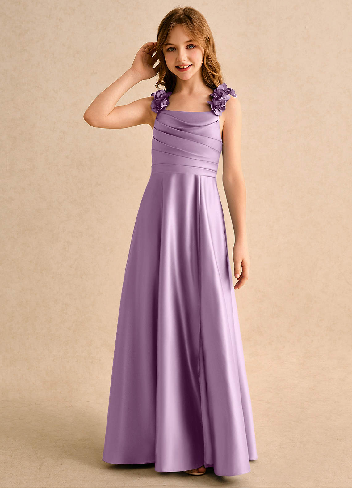 Azazie Rosita Girls Formal Robe Demoiselle D'honneur Fillette Robe Trapèze en Mat Satiné Plissée Glycine image5