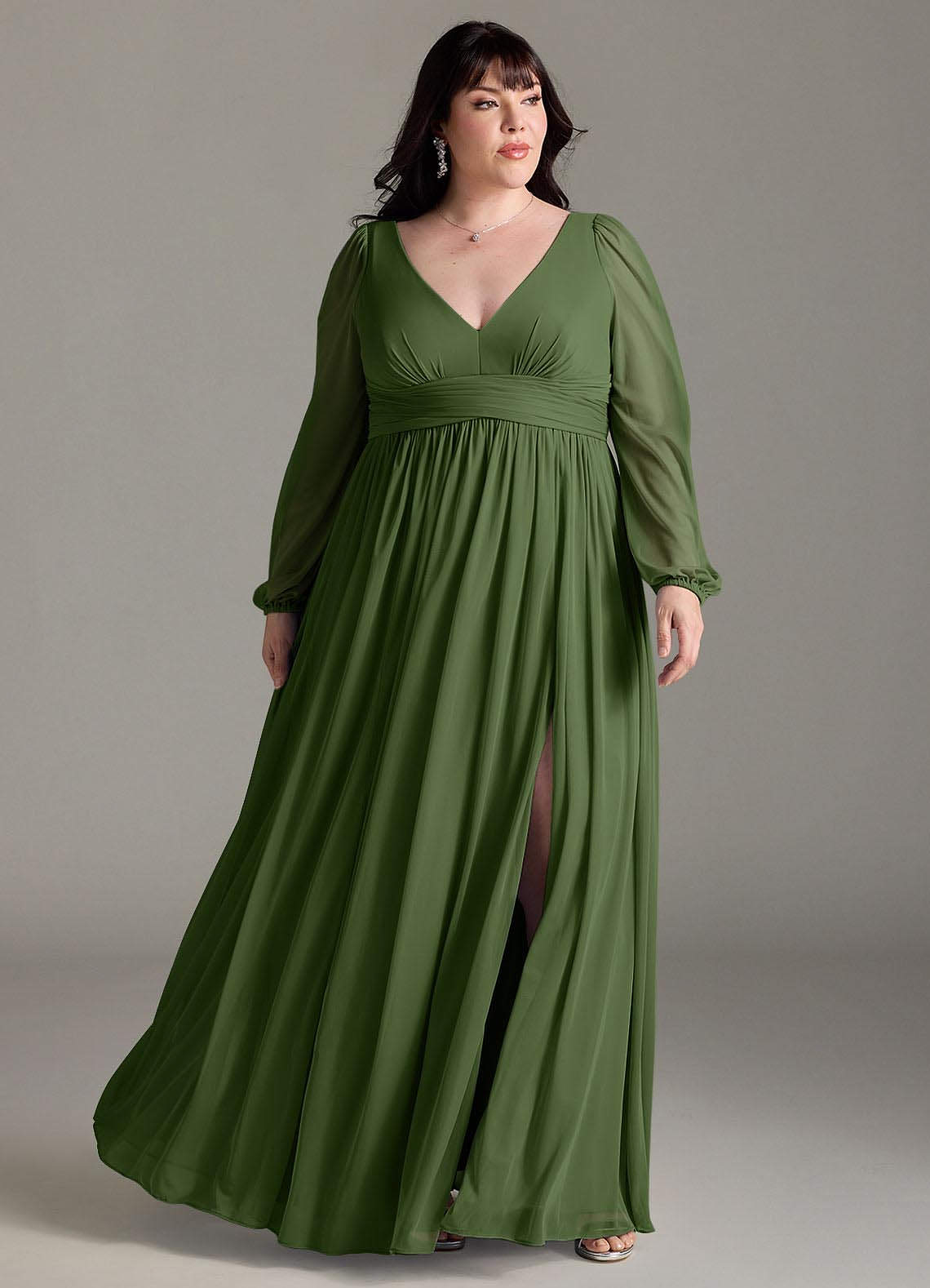 Azazie Norah Bridesmaid Dresses Olive A-Line V-Neck Long Sleeve Chiffon Dress image1