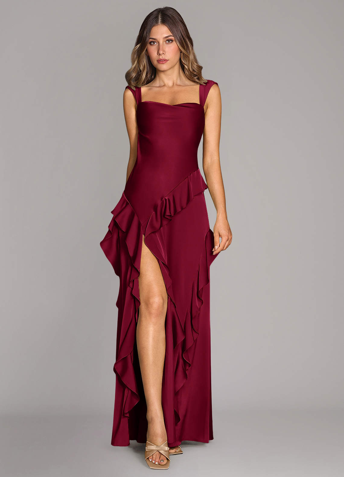 Azazie Sloane Bridesmaid Dresses Burgundy A-Line Sweetheart Neckline Stretch Satin Dress image1