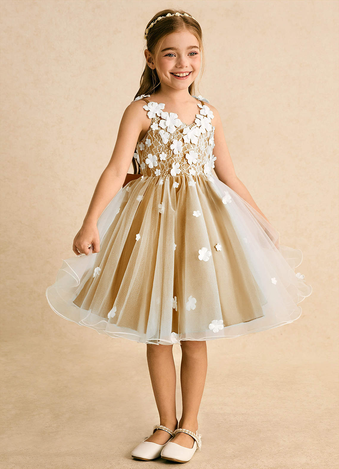 Azazie Junebug Robe Demoiselle D'honneur Fillette Robe Princesse en Tulle Dentelle Ivoire Caramel Au Beurre image4