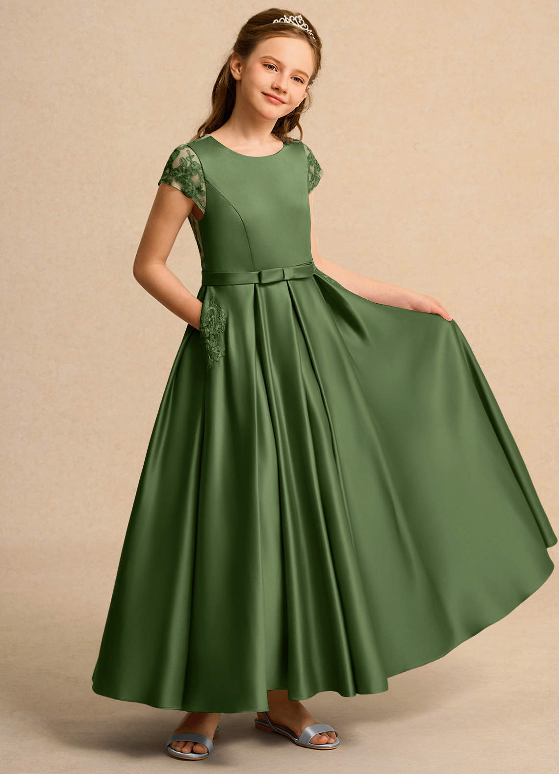 Azazie Ball-Gown Scoop Neck Ankle-Length Lace Flower Girl Dresses - Olive