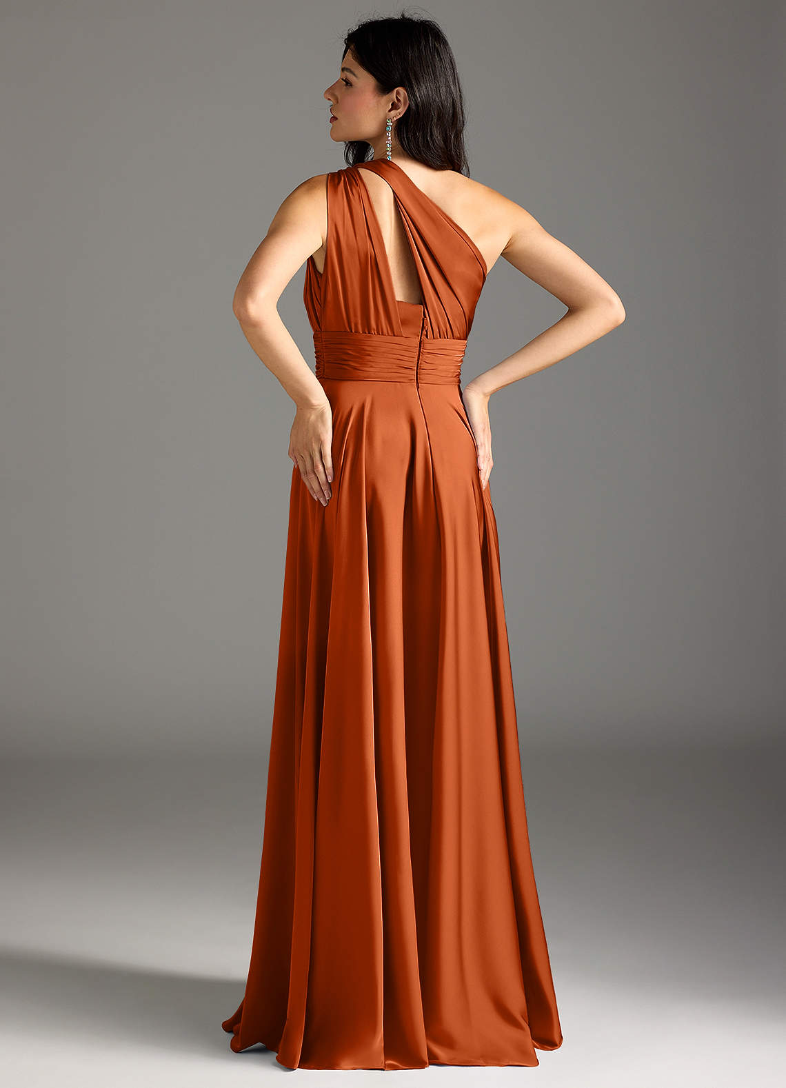 Azazie Charlize Bridesmaid Dresses Burnt Orange A-Line One Shoulder Stretch Satin Dress image5