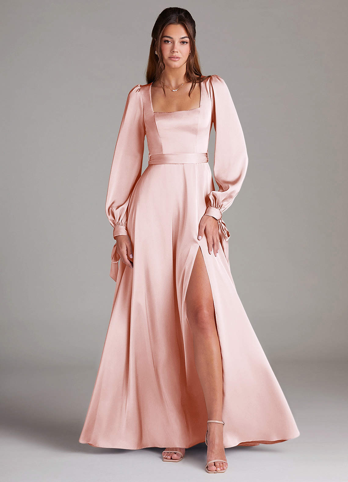 Azazie Leonia Bridesmaid Dresses Blushing Pink A-Line Long Sleeve Stretch Satin Dress image1