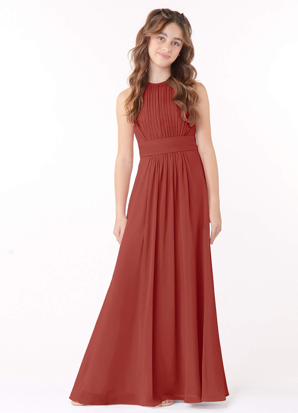 Azazie Bonnie Junior Terracotta A-Line Pleated Chiffon Dress image1