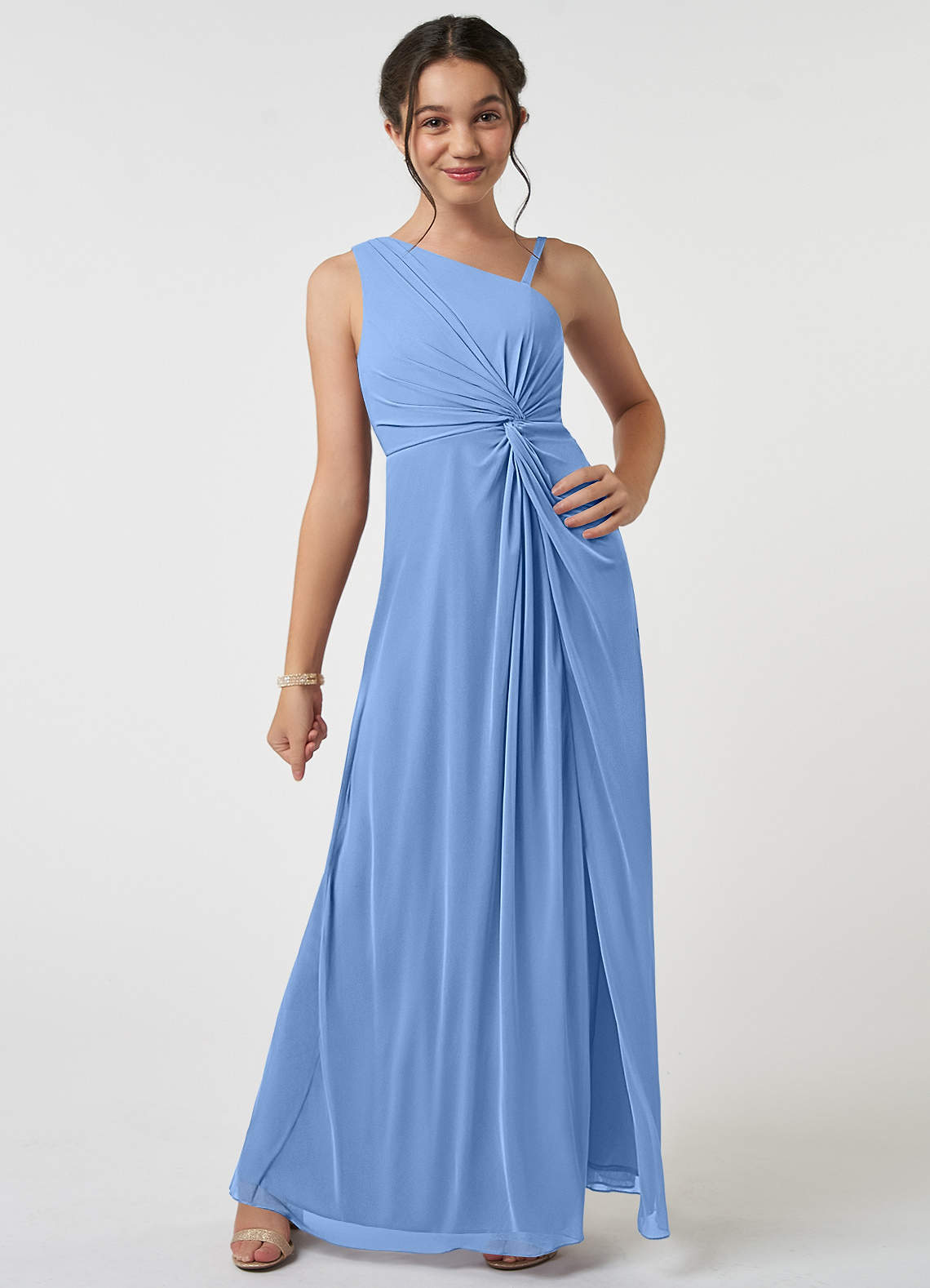 Azazie Brooke Junior Steel Blue A-Line Pleated Mesh Dress image1