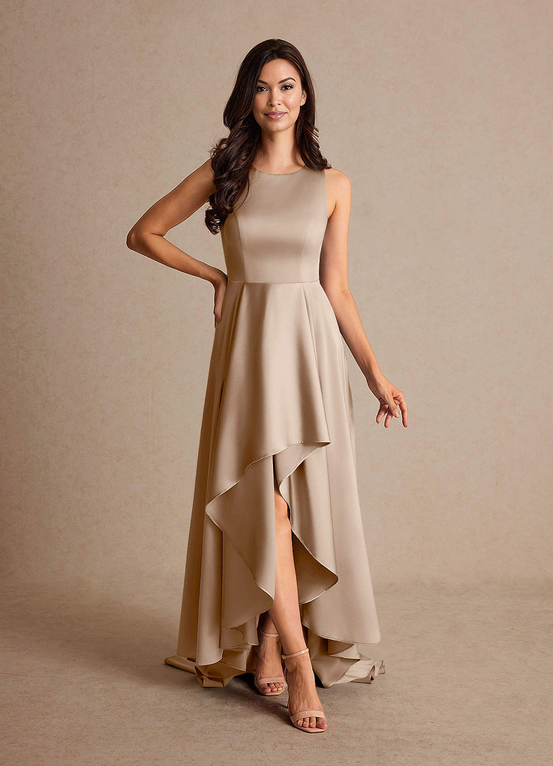 Azazie Niles Taupe A-Line Trains Stretch Satin Dress Ready to Ship | Azazie