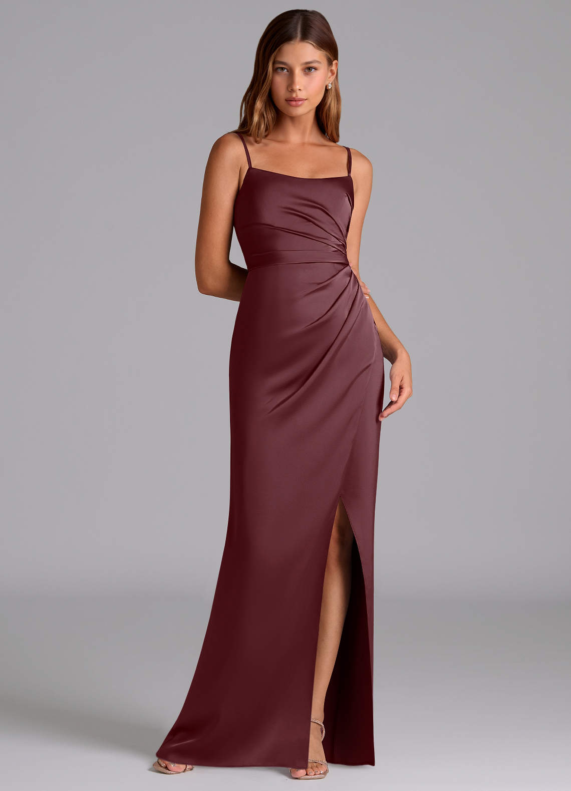 Azazie Calandra Bridesmaid Dresses Sangria A-Line Pleated Stretch Satin Dress image1