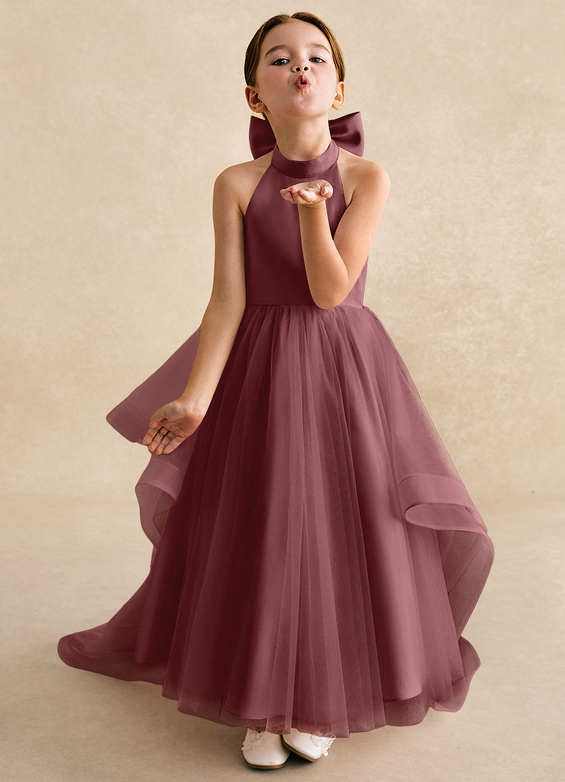 Azazie Bev Vestidos de florista Vestido Rosa Do Deserto de Tule de Linha A com Conversível image3