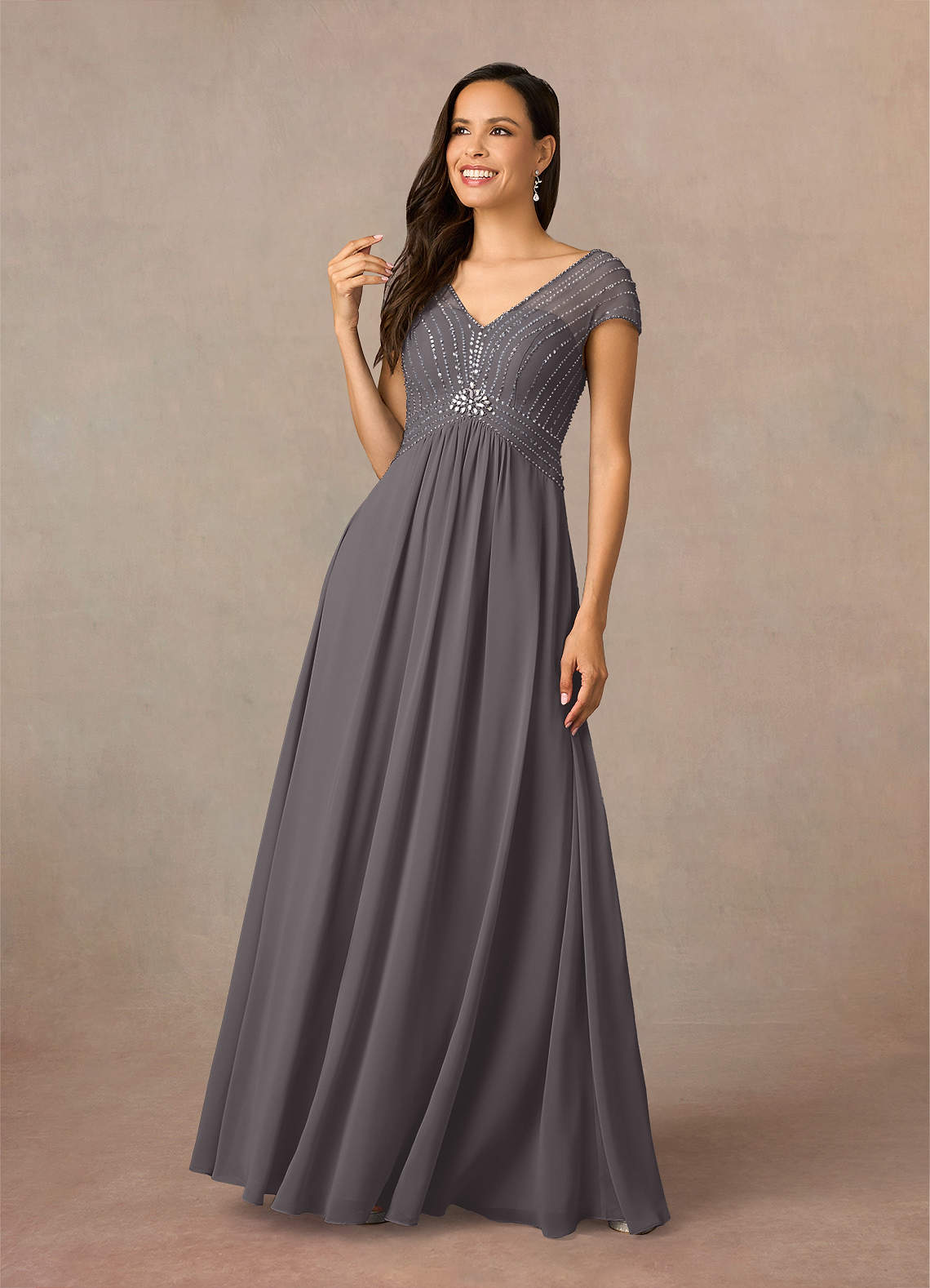 Azazie Star Steel Grey A-Line V-Neck sequins Chiffon Dress Ready