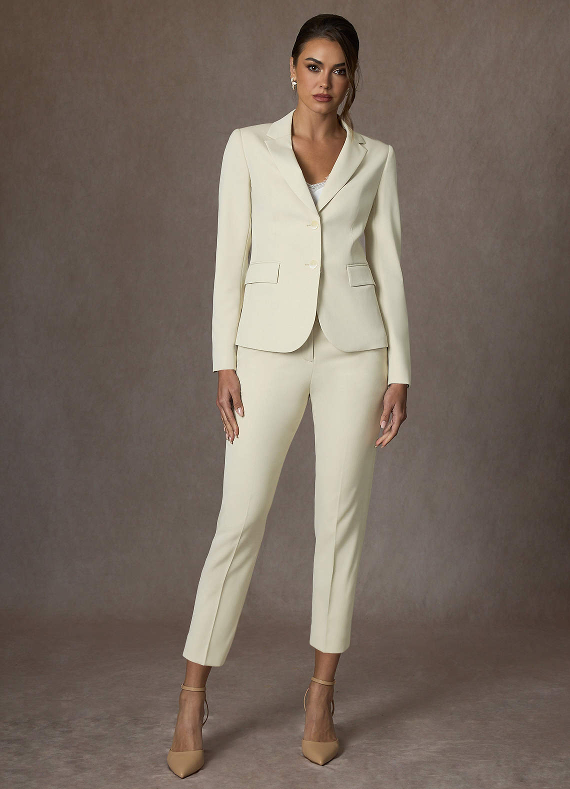 front Victoria Ivory Refined Weave Cropped Pants Suit