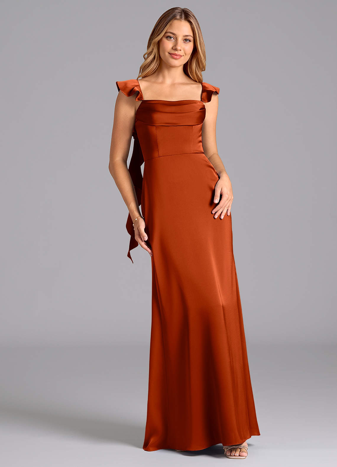 Azazie Adi Bridesmaid Dresses Paprika A-Line Pleated Stretch Satin Dress image1