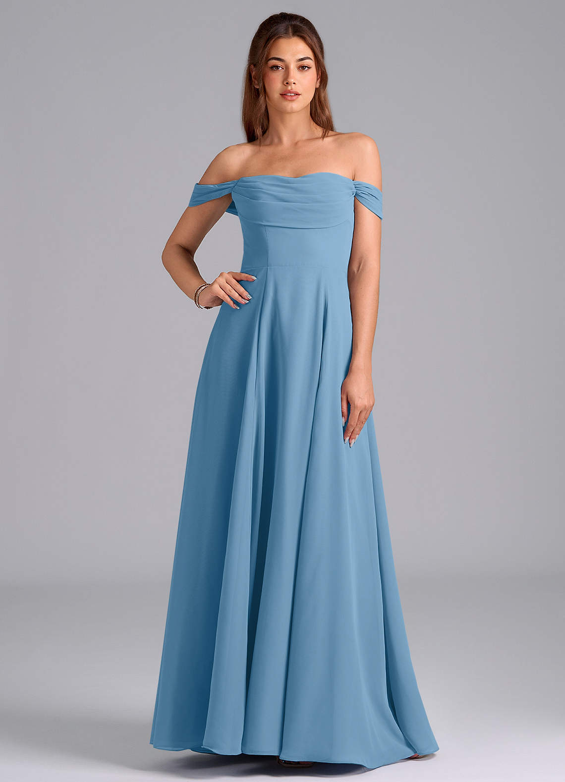 Azazie Almina Vestidos de damas de honor Vestido de Azul Acero de Gasa de Corte en A Convertible con Vestidos sin tirantes image1