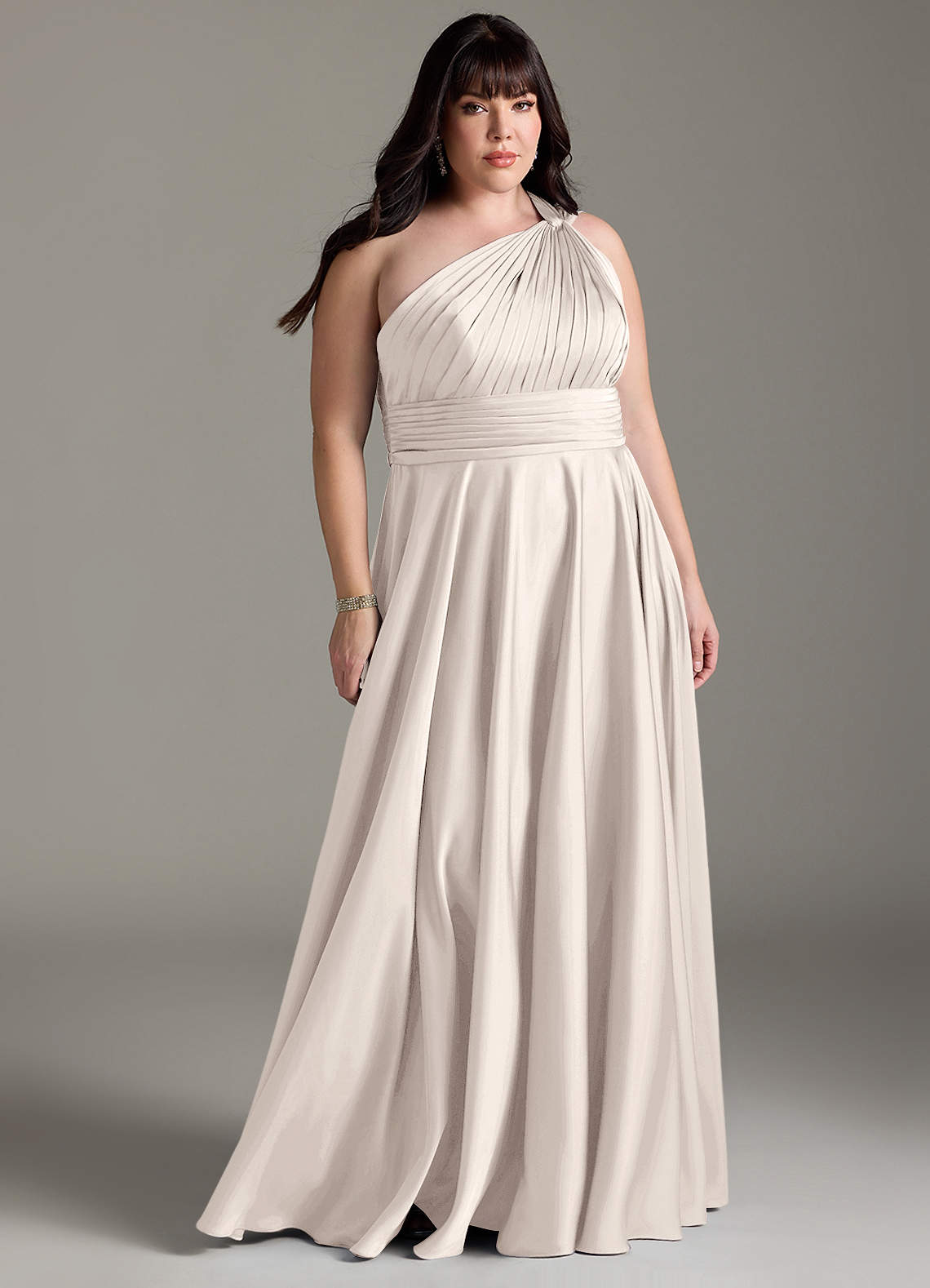 Azazie Charlize Bridesmaid Dresses White Alabaster A-Line One Shoulder Stretch Satin Dress image1