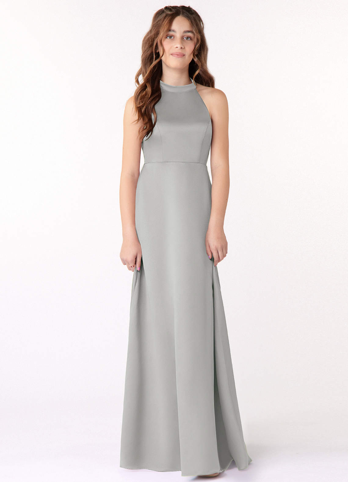 Azazie Laurel Junior Silver A-Line Stretch Satin Dress image1