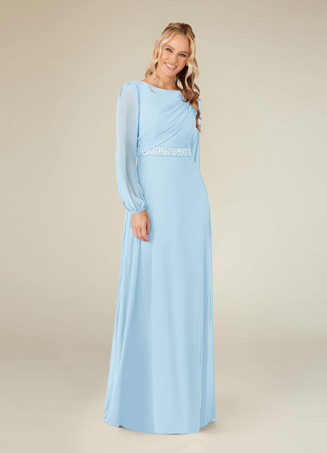 Azazie Priyanka Mother of the Bride Dresses Sky Blue A-Line Boatneck Pleated Chiffon Dress image1