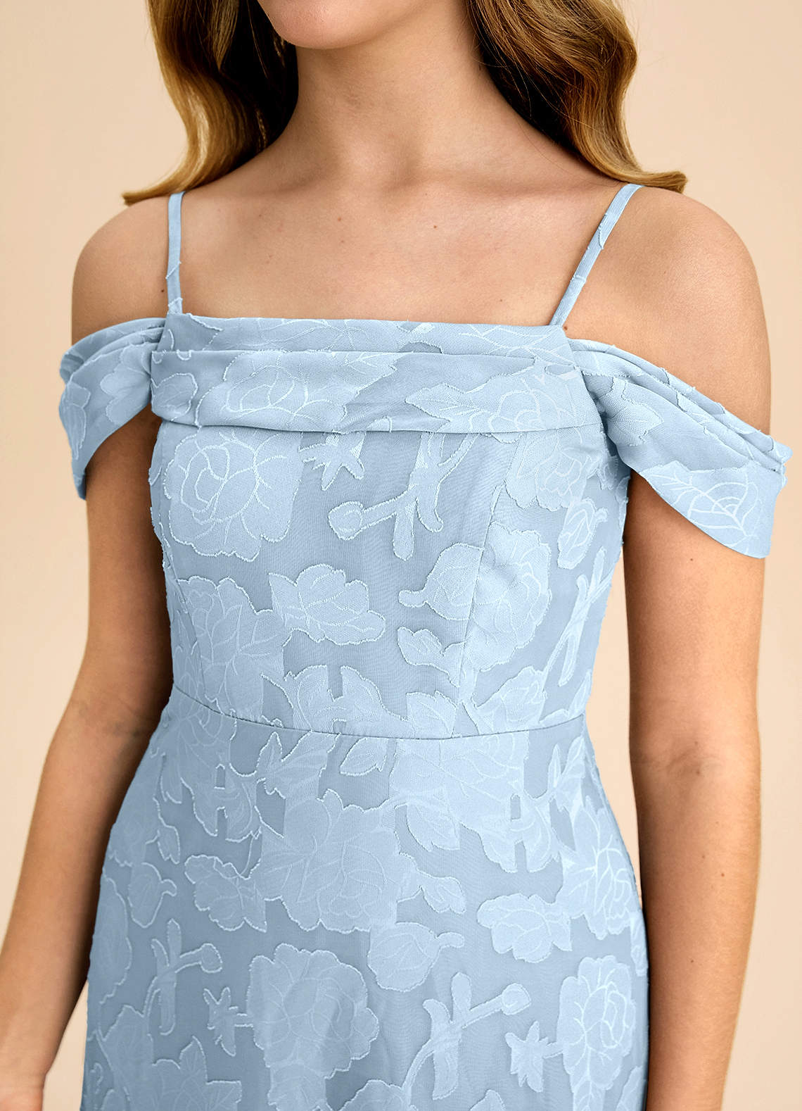 Azazie Anselie Junior Sky Blue A-Line Off the Shoulder Floral Burnout Dress image6