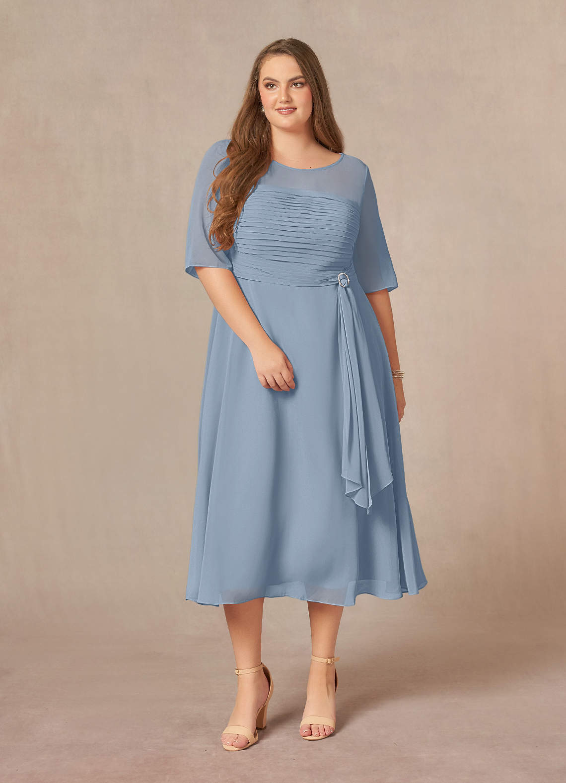 Azazie Naomi Mother of the Bride Dresses Dusty Blue A-Line Boatneck Pleated Chiffon Dress image11