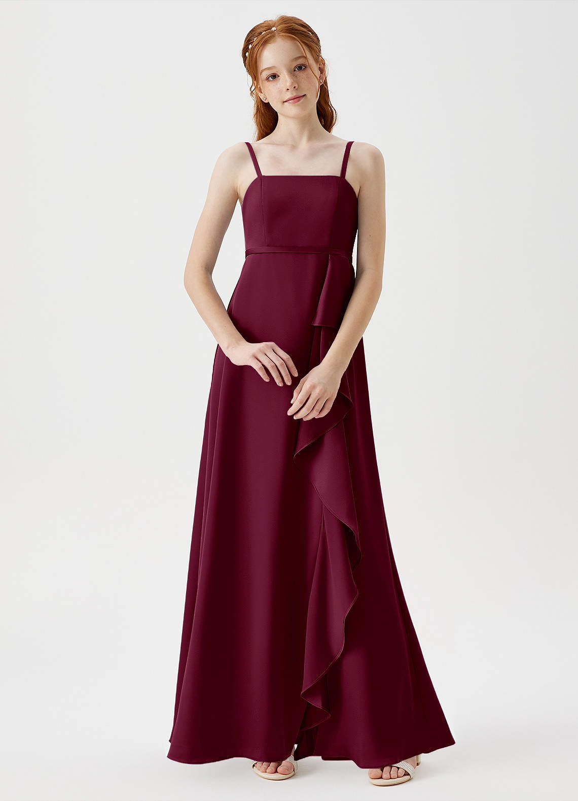 Azazie Kaylee Junior Robe Trapèze en Satin extensible avec ceinture Mûre image1