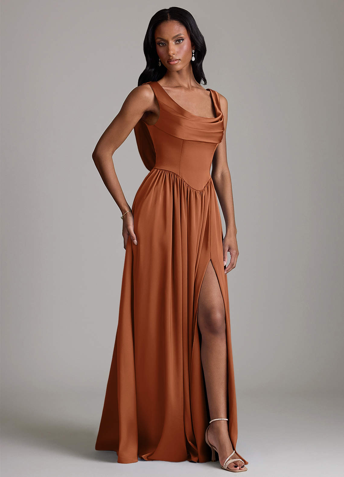 Azazie Novi Copper Stretch Satin Bridesmaid Dresses | Azazie