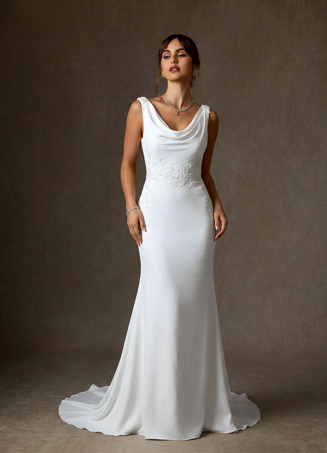 Azazie Maxine Wedding Dresses Diamond White Sheath Crepe Back Satin Dress image5