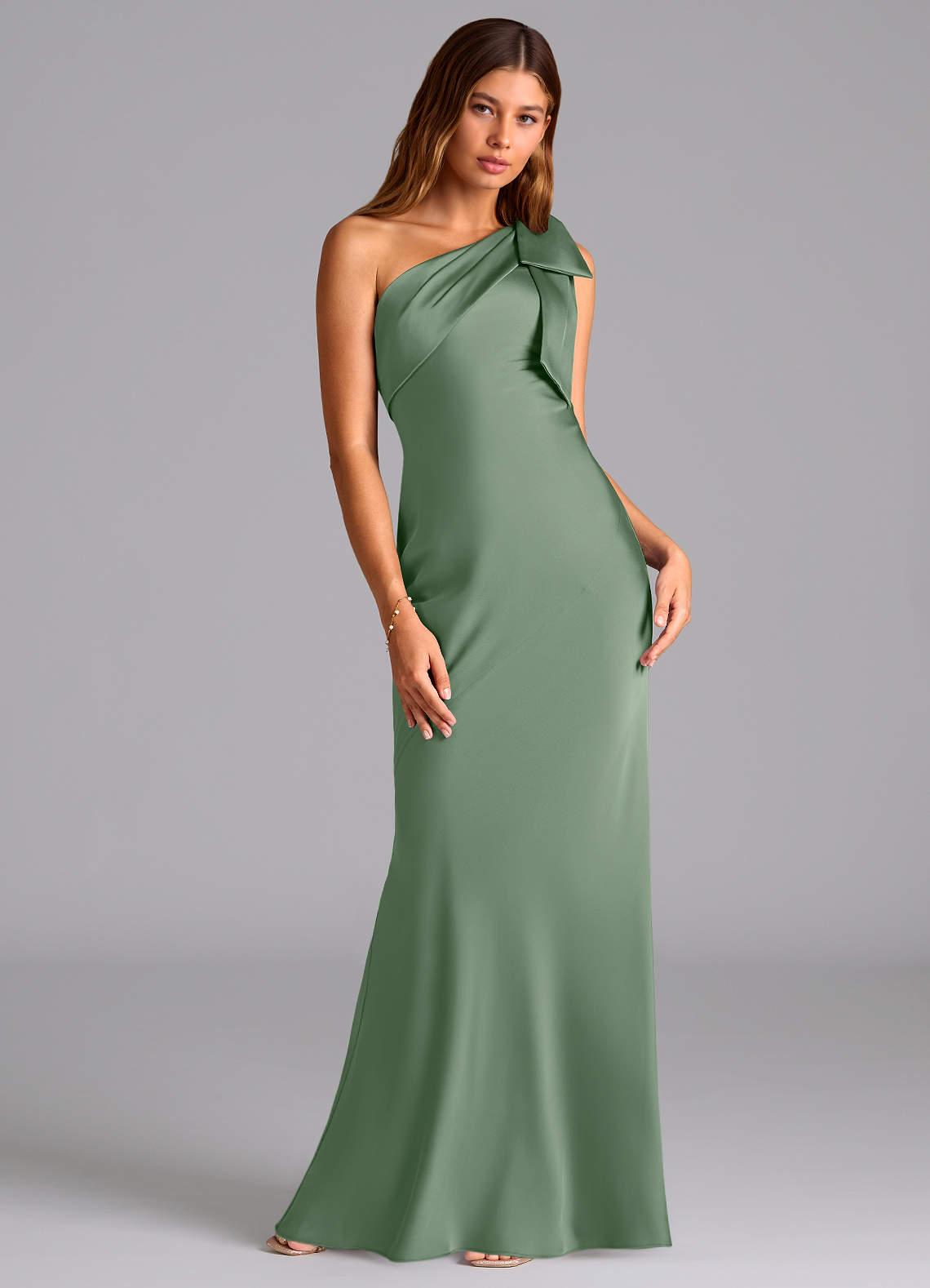 Azazie Yuanna Bridesmaid Dresses Matcha Mermaid One Shoulder Stretch Satin Dress image2