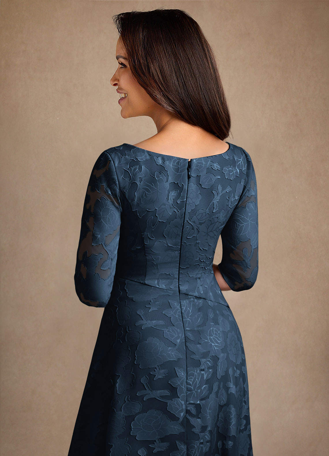 Azazie Durant Dark Navy A-Line Pleated Floral Burnout Dress | Azazie