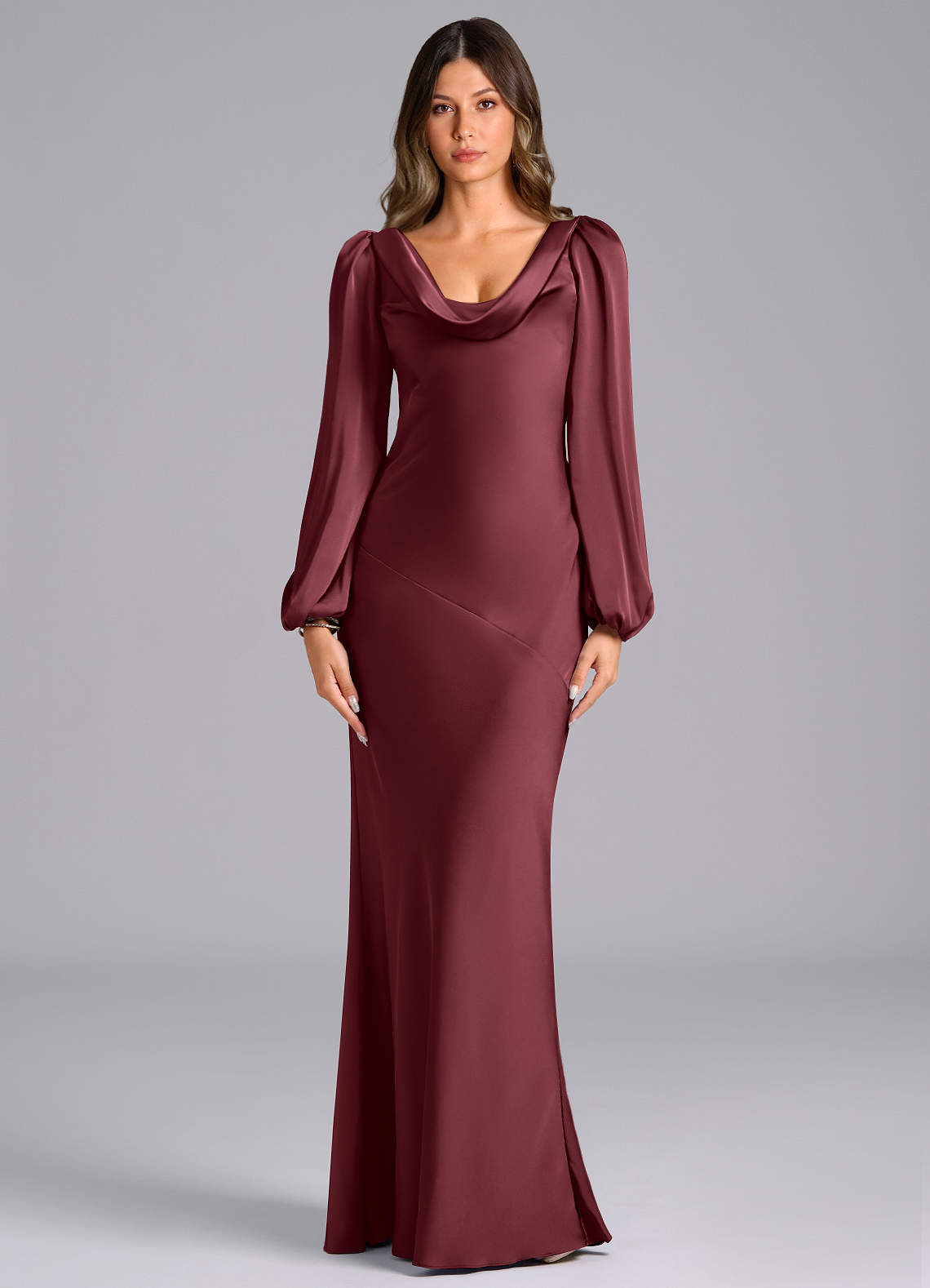 Azazie Rylina Brautjungfernkleider Meerjungfrau-Linie Langarm Stretch-Satin Kleid Merlot image1