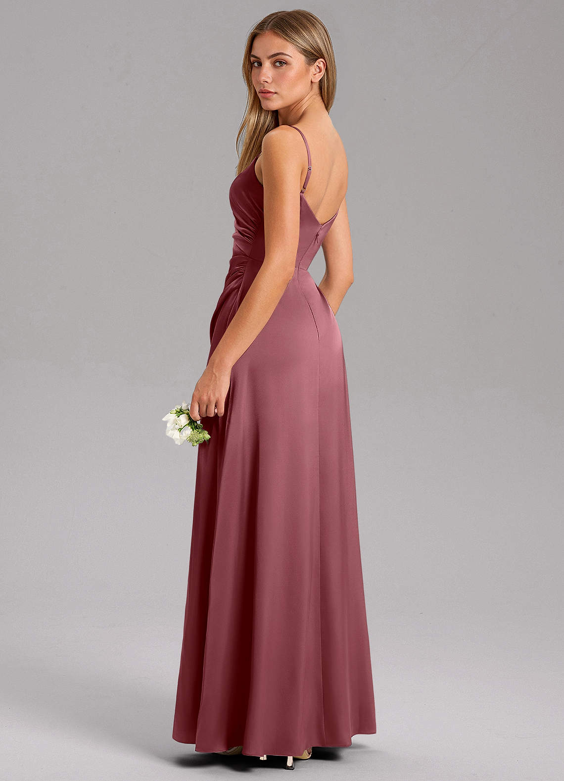 Azazie Azuree Bridesmaid Dresses Desert Rose A-Line Pleated Stretch Satin Dress image12